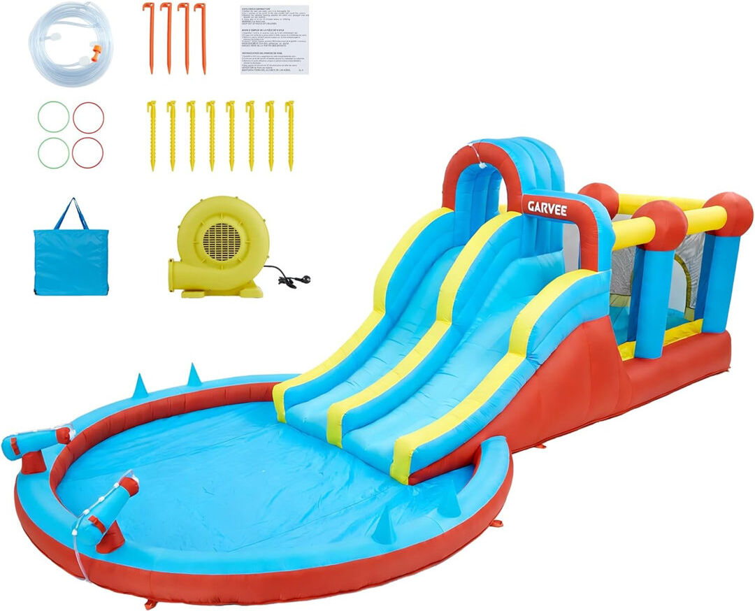 idealhouse 8-in-1 Inflatable Water Slide Bouncy Castle with 550W Blower, Double Slides & Climbing Walls, 840D/420D Oxford Fabric for Indoor Outdoor Kids Play Blue 220cm H X 314cm W X 711cm D