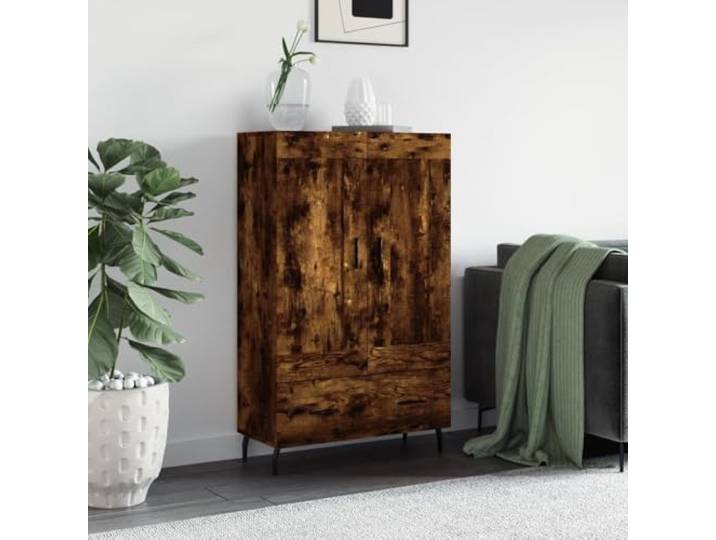 Elegantes Highboard für die Wohnzimmereinrichtung in Räuchereiche, weißes Highboard aus Holzwerkstoff mit Stauraum, mit glatter Oberfläche und Präsentationsfläche, modernes