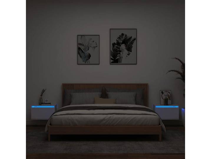 Tables de Chevet Murales avec Lumières LED 2 pcs Armoires de Nuit Tables de Nuit Chambre Moderne Blanc Bois 836827