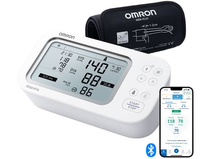 Oberarm-Blutdruckmessgerät OMRON X7 Smart AFib, 2 Nutzer, mit AFib Screening bei jeder Messung und App , weiß, BlutdruckmessgeräteB:19cm H:9cm T:12cm, Oberarm-Blutdruckmessgerät, klinisch validiert, für Diabetiker und Schwangere, 22-42 cm Manschette, B:19cm H:9cm T:12cm