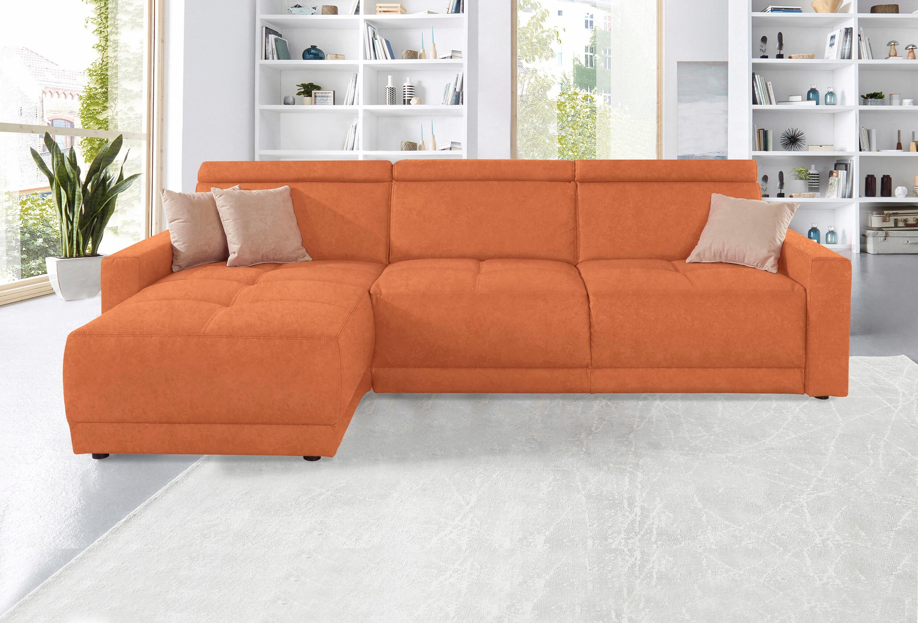 Ecksofa DOMO COLLECTION "Ava mit moderner Sitzheftung & toller Doppelnaht, komfortabel, L-Form", orange (terrakotta), B:262cm H:84cm T:167cm, Kunstleder SOFTLUX;Struktur fein (100% Polyester);Zierkissen: Microfaser PRIMABELLE (100% Polyester);Struktur (10