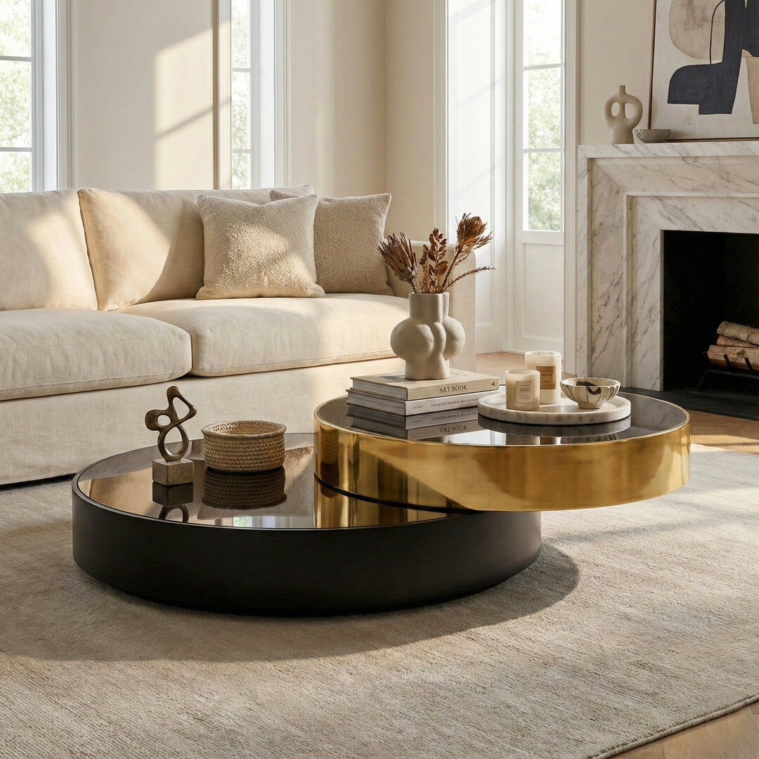 Orren Ellis Modern Coffee Table with Mirror Black Glass Top and Stainless Steel Frame, Stylish and Durable for Living Room Black 38cm H X 90cm W X 90cm D