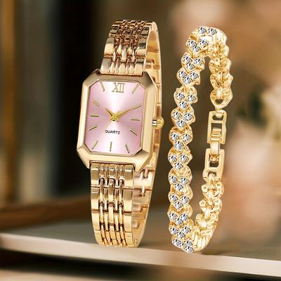 Fusion Finds Luxury Women's Quartz Watch Set With Rhinestone Bracelet & Rectangle Roman Dial Dress Watch gold Pink Kit