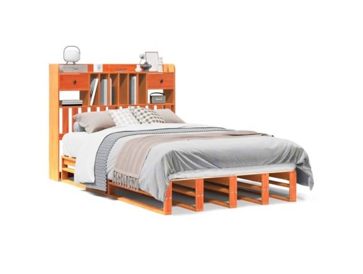 PUGYNBK Bett mit Regal, Massivholz, Braun, 135 x 190 cm Lattenrost inklusive, Kopfteil mit Aufbewahrung, platzsparend, für Schlafzimmer