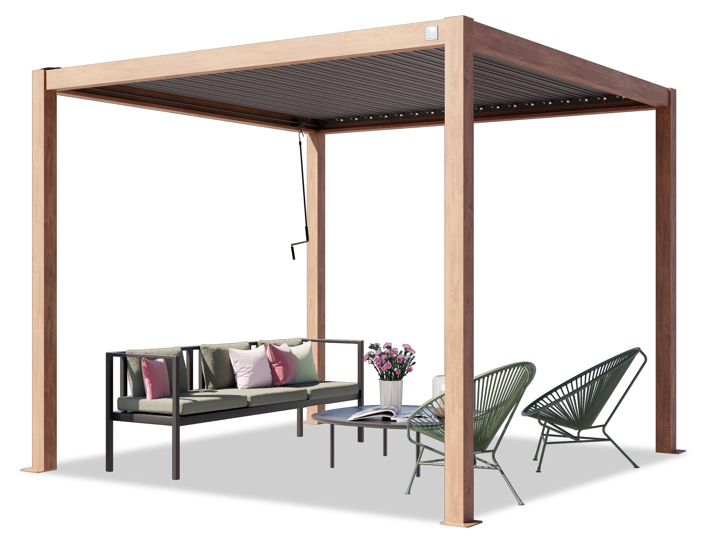 PRIMEYARD Pergola 3x3 m Aluminium-Pfosten in Holzoptik mit Lamellendach aus Stahl Terrassenüberdachung