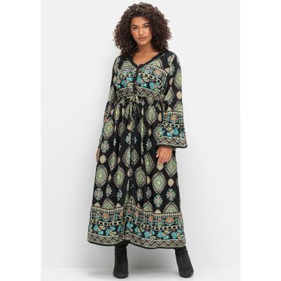 Maxikleid SHEEGO BY JOE BROWNS "Maxikleid", Damen, Gr. 52, Normalgrößen, schwarz (schwarz, gemustert), 100% Viskose, gemustert, lang, V-Ausschnitt, Kleider Maxikleid