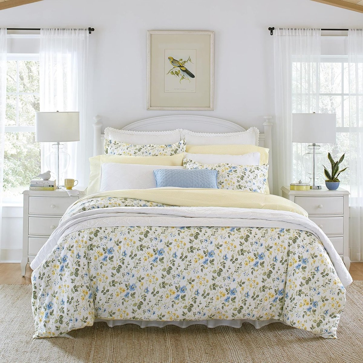 Omkeerbaar Gingham Dekbedovertrek Set Blauw Weidebloem - Katoen - 218 x 167 cm
