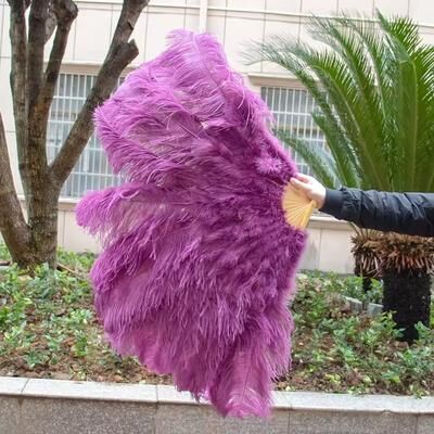 Uplifted Finds Grand Ostrich Feather Folding Fan   Professional Stage & Carnival Dance Fan reddish Purple 100 Cm 2 Pcs