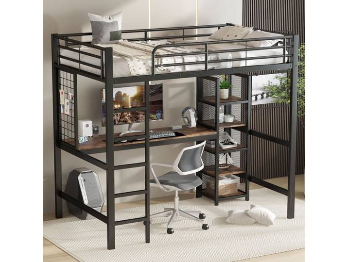 Luscriate - Lit Mezzanine en Métal 90x200cm avec Bureau Étagères Échelle Grille Métal Design Moderne - Noir