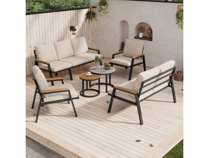 Ensemble Complet de Salon de Jardin: Canapé 3 Places 2 Fauteuils 2 Tables Basses avec Plateau Effet Marbre Cadre Fer Galvanisé O.