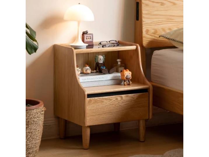 YESWOOD Natur Nachttisch Massivholz mit Schublade & Ablagefach,40X35X50CM 3 Tier Eiche Nachtschrank Beistelltische,Hochwertiges Klarglas für Schlafzimmer, Wohnzimmer, Balkon und mehr