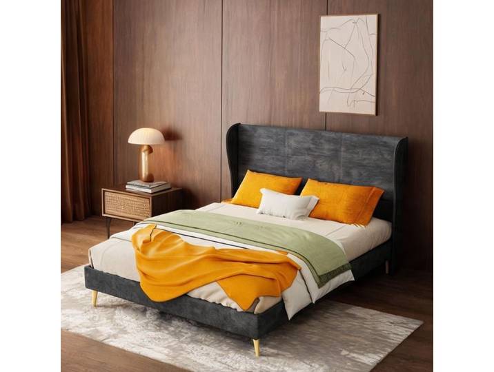 Lit plateforme avec tête de lit rembourrée en tissu gris classique 140x200 cm design minimaliste