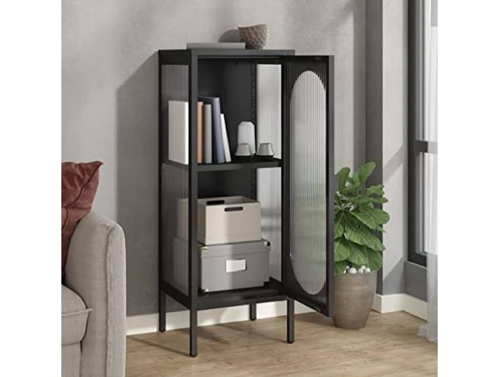 KTHLBRH Sideboard schwarz 40 x 35 x 105 cm Glas und Stahl Verstellbare Ablage, Nivellierungen auf der Unterseite, geriffeltes Glas, Kippschutz