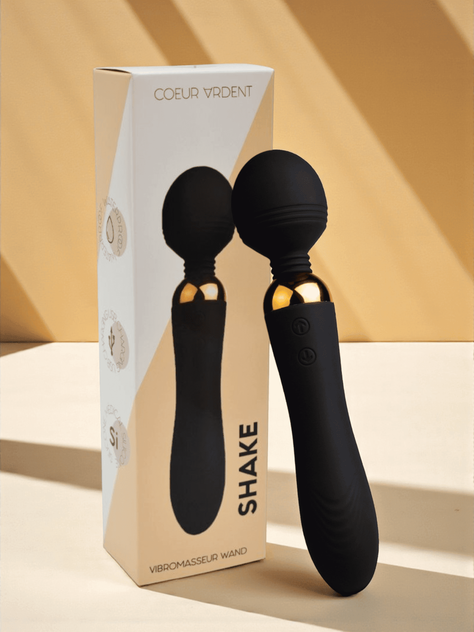 Coeur Ardent SHAKE Noir, Vibromasseur Wand USB en silicone médical avec 2 puissants moteurs indépendants