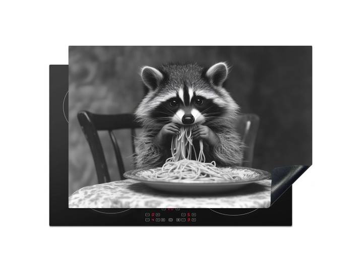 HERDABDECKPLATTE Waschbär - Niedlich - Pasta - Tischtuch - Schwarz - Weiß Induktionsmatte 77x51 cm