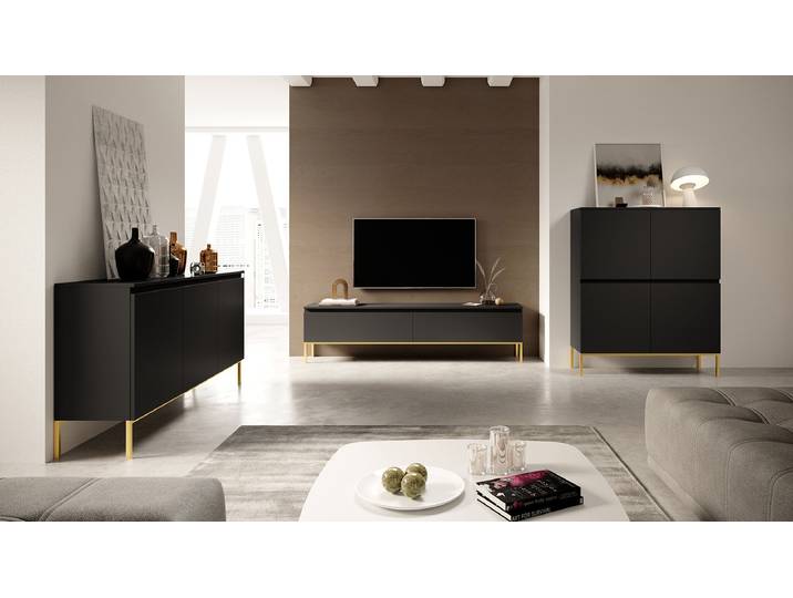 TV-Lowboard Bemmi Front: MDF Mitteldichte Holzfaserplatte , beschichtet Korpus: Spanplatte, beschichtet Schwarz/Schwarz/Gold 150cm
