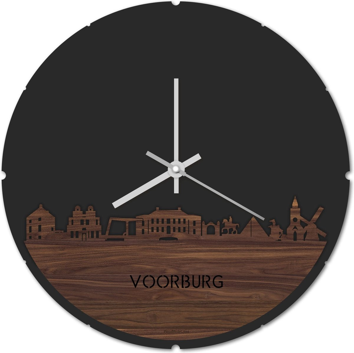 Skyline Klok Rond Voorburg Notenhout - Ø 44 cm - Stil uurwerk - Wanddecoratie