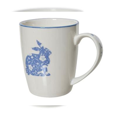 Decoris Tasse 10cm Porzellan mit Hasenmotiv - Keramiktasse Frühling Ostern Ostergeschirr Kaffeetasse Teetasse Kakaotasse Hasentasse Ostertasse Hase Weiß Blau