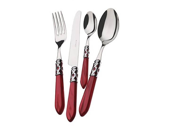 BUGATTI, Aladdin, 24-teiliges Besteckset aus Edelstahl 18/10, verchromtem Ring und Bordeaux-Farbgriff mit Perlmutt-Effekt. Besteckset für 6 Personen: 6 Löffel, 6 Gabeln, 6 Messer und 6 Kaffeelöffel