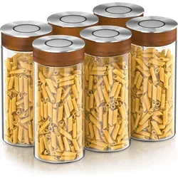 Arendo Vorratsgläser 6er Set 1300 ml Borosilikatglas, luftdicht, Klickdeckel mit Akazienholzring, Vorratsbehälter, Transparent