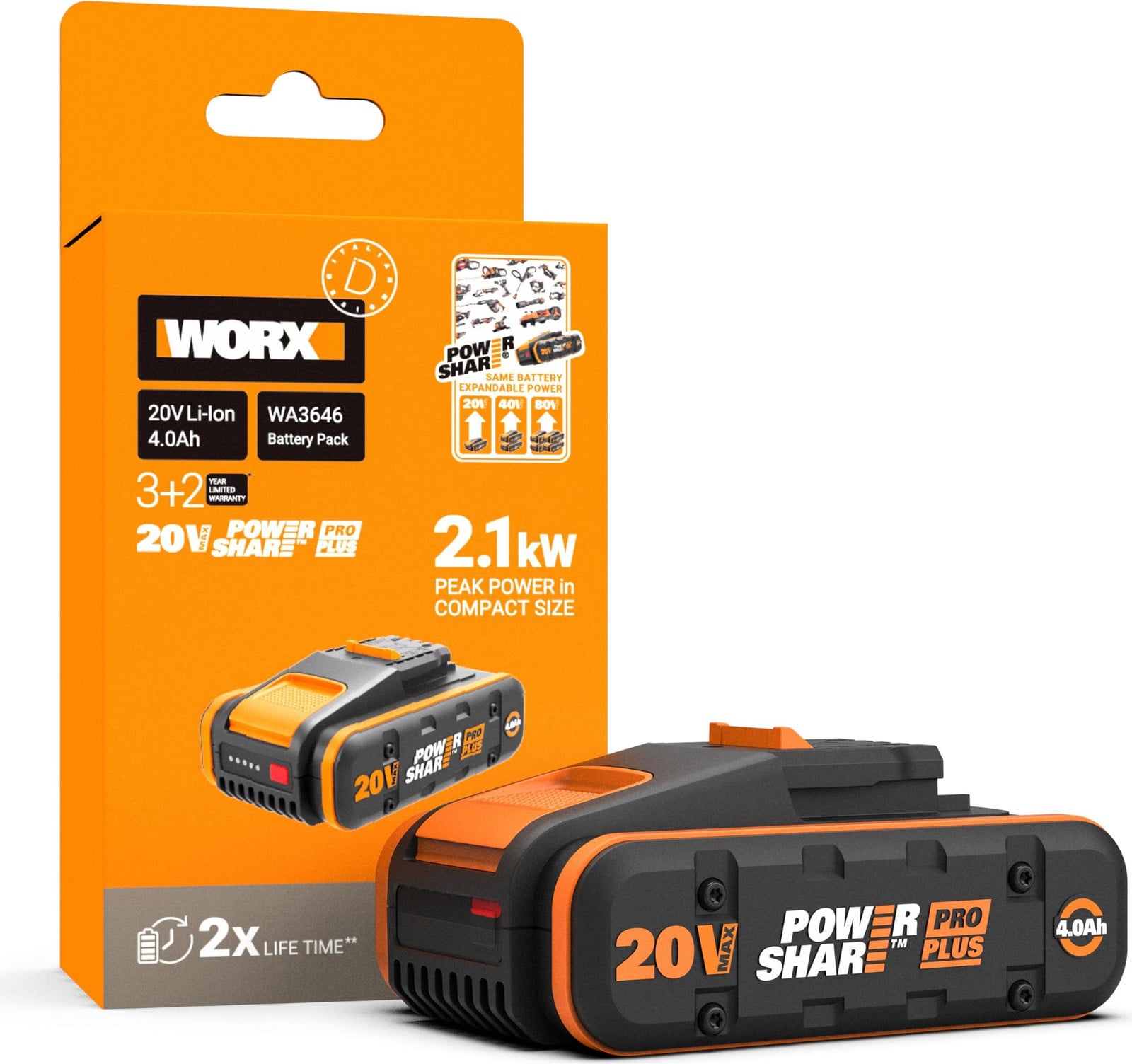 Worx WA3646 Accu 4 Ah 20 V Zwart Oranje