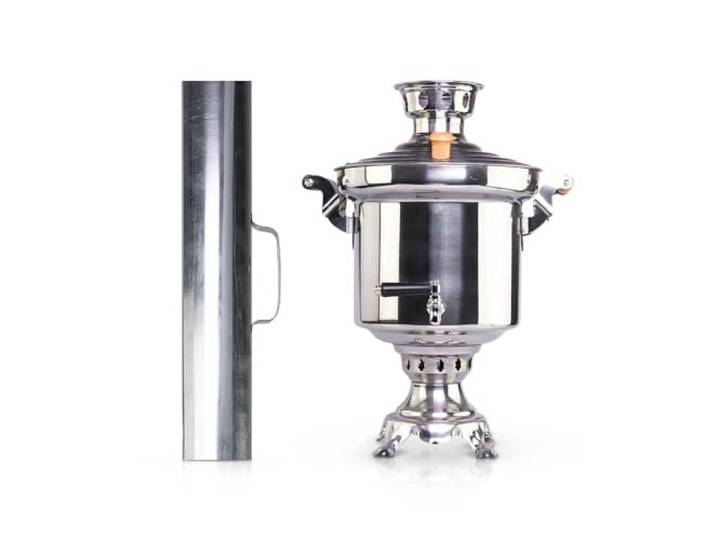 Samowar 5 L aus Edelstahl mit Schornstein Holzkohle Русский самовар на дровах Charcoal Tea Maker with Chimney Rohr Russischer Samovar