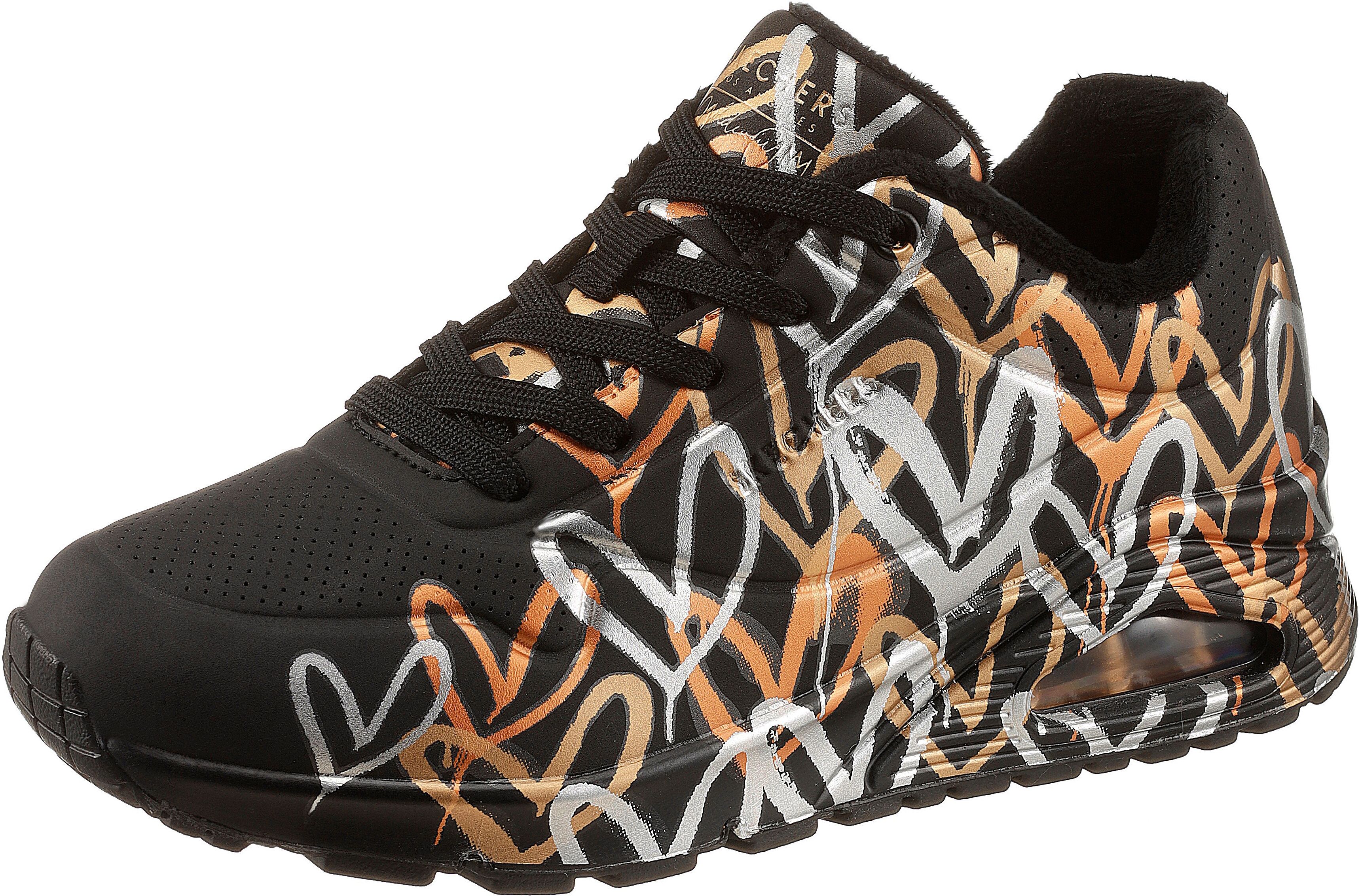 Skechers "UNO - METALLIC LOVE" Freizeitschuh, Halbschuh, Schnürschuh mit trendigen Metallic-Print schwarz 35, Textil