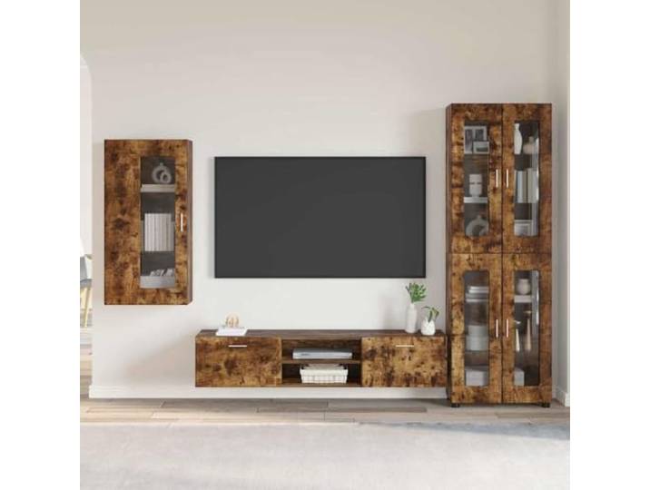 WXGTBKPR TV-Schrankset Florin, 3-TLG. Wohnwand Geräucherte Eiche Inklusive Wandregal & Highboard, Matte Oberfläche, Zeitloses Design