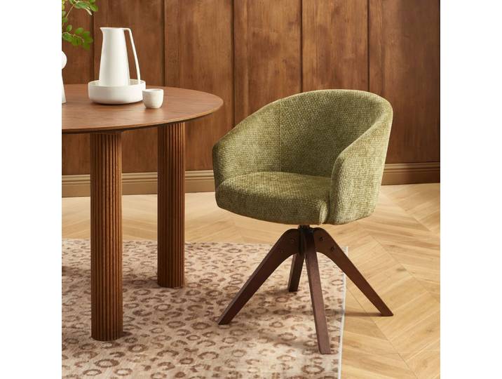 Fauteuil de table tissu chenille vert pied chêne massif