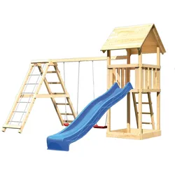 Akubi Kinderspielturm Lotti inkl. Wellenrutsche und Doppelschaukelanbau mit Klettergerüst (Set C)-blau