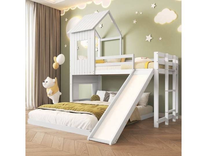 Lit superposé enfants - Blanc - 90x200cm + 140x200cm - Bois de pin - MDF - Échelle incluse