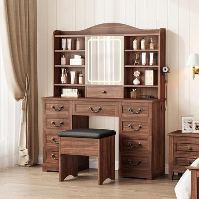 Garvee 10-Drawer Makeup Vanity Desk with LED Lighted Mirror and Chair