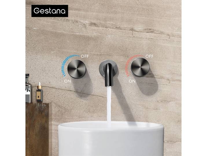 Robinet de lavabo mural minimaliste en laiton à 2 poignées. Robinet mélangeur moderne en or brossé pour lavabo, eau chaude et froide, 3 trous