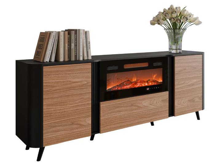MIRJAN24 Kommode Volare 200 EF mit Kamin, Sideboard, Modernschrank, Kommode mit drei Drehtüren, Wohnzimmer Kollektion (Farbe: Schwarz / Nuss