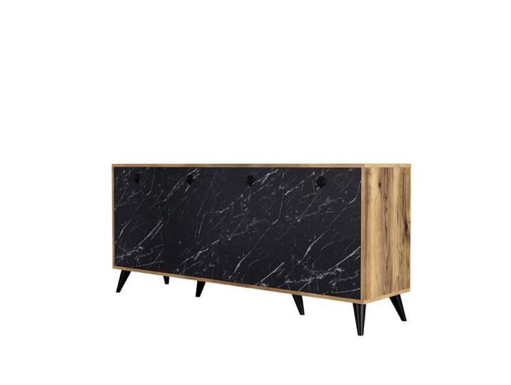 Console Meuble dentrée Bois décor noyer et marbre noir - L180 x H80 x P45 cm - Moderne