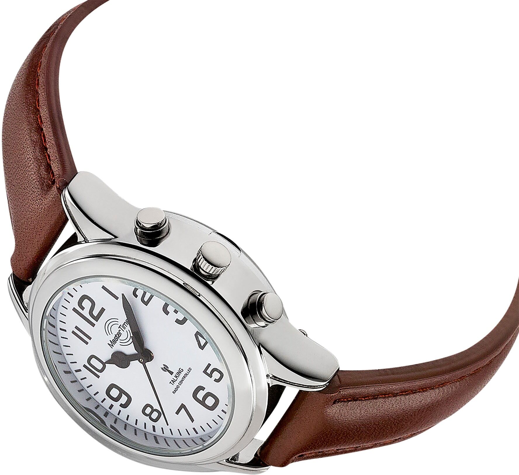 Funkuhr MASTER TIME "Sprechende Funkuhr", braun (braun, weiß), Armbanduhren, Damen, silberfarben, Funkuhr, Armbanduhr, Quarzuhr, Damenuhr, Lederarmband