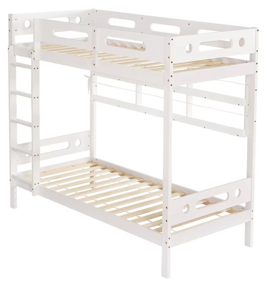 Kinderbett - Etagenbett für Kinder - 90 x 200 cm - Massivholz und MDF - Sicherheitsgitter - 5-stufige Leiter - Offene Ablagen - Weiß/Natur