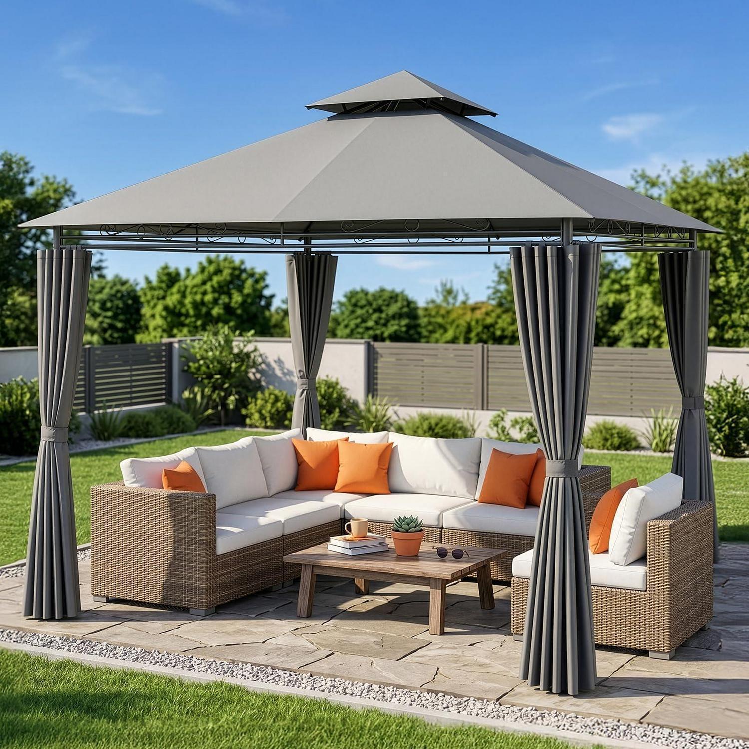 Pavillon 3x3m Doppeldach Grau mit 4 Seitenwänden Eisenrahmen Wasserdicht UV-Schutz
