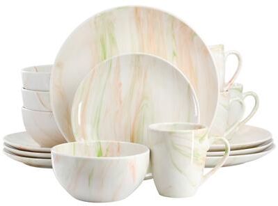 Elama Fine Marble 16 Piece Porcelain Dinnerware Set in Orange and Green