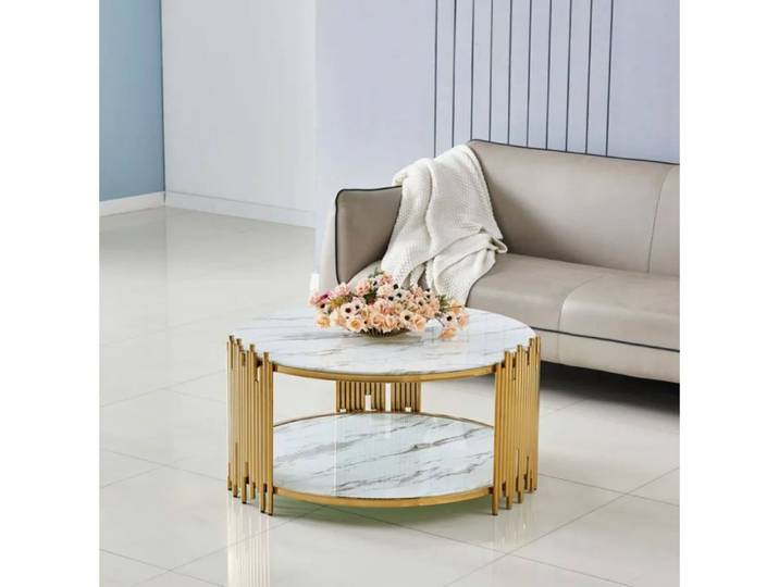 Table Basse ronde STICK Gold et plateau en verre MARBRE BLANC D90 H45 cm