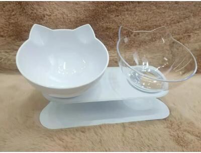 Uplift Essentials Ergonomic Non Slip Double Cat Feeding Station clear And White
