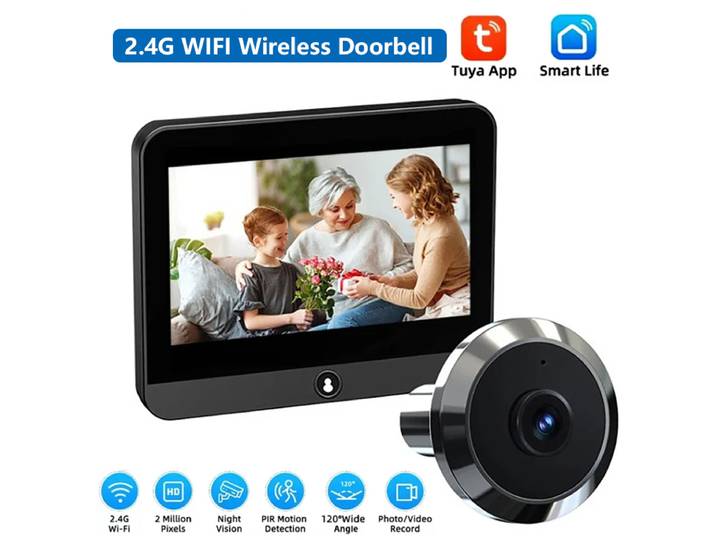 Sonnette de porte sans fil Tuya WiFi, caméra de surveillance HD, détection de mouvement PIR, vision nocturne, sonnette vidéo rechargeable de 4,3 pouces