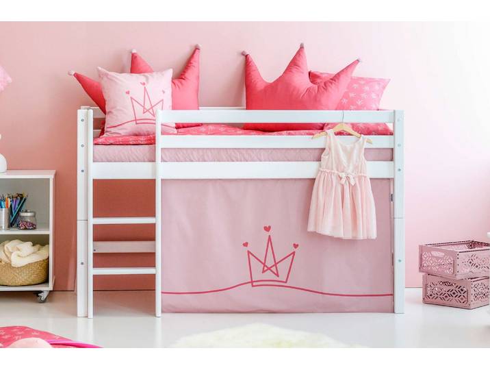Hochbett HOPPEKIDS ECO Dream, Kinderbett, Spielbett, Halbhohes Bett aus Massivholz , rosa (weiß, prinzessin rosa), B:81cm H:105cm L:168cm, Kinderbett: 100% Massivholz: Nordische Kiefer, Vorhang: 100% Baumwolle, Hochbetten, Hochbett, inkl. Vorhang-Set Creator, Bettgrösse & Matratze wählbar