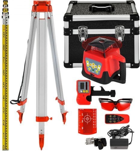 VEVOR Professionele roterende laser met rode lijn, 360 graden laserhoogtemeter, werkbereik 500 m, inclusief statief en liniaal, rood