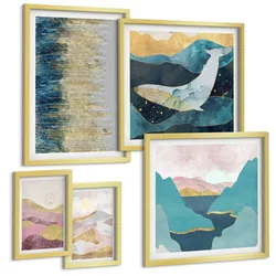 BILDER SET 5er Set - 50x50 cm & 20x30 cm & 40x60 cm Goldrahmen - Abstrakte Berge Sonne