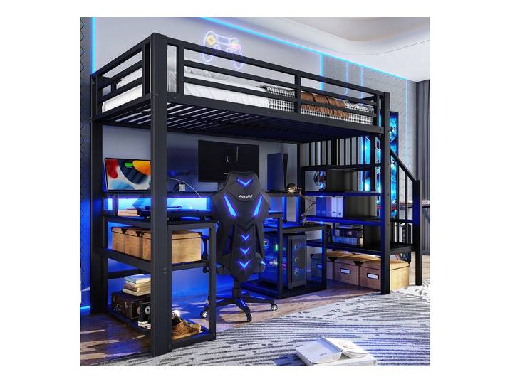 Flieks Hochbett Metall Kinderbett 90x200cm mit LED Ablagefach Schreibtisch Aufladen