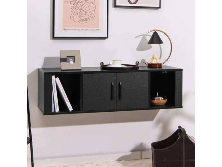 Meuble de rangement mural 2 portes 2 niches ouvertes design suspendu gain de place pour salon ou bureau