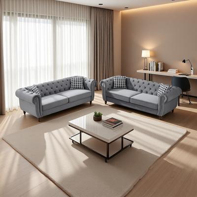 ZWYO HOSIMU Fabric Chesterfield Sofa Set with Rolled Arms and Nailhead Trim (6-Seater)