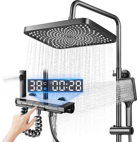Unyqoos Verstelbaar douchesysteem met LED-temperatuurindicator, blauwe sfeerverlichting, regendouche en handdouche
