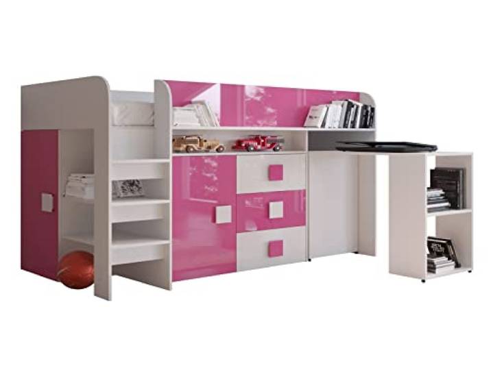 MEBLE KRYSPOL Toledo 1 Hochbett für Kinder, Jugendliche mit Stauraum - Etagenbett mit Schreibtisch, Kleiderschrank, Regal, Schubladen, Treppe - 203,3x106,6x125 cm - Weiß, Rosa, Weiß + Rosa